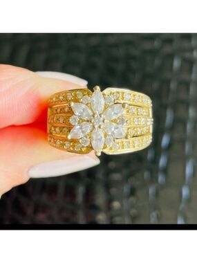 14k Yellow Gold Diamonique Cubic Zirconia Floral Cluster Cocktail Statement Ring